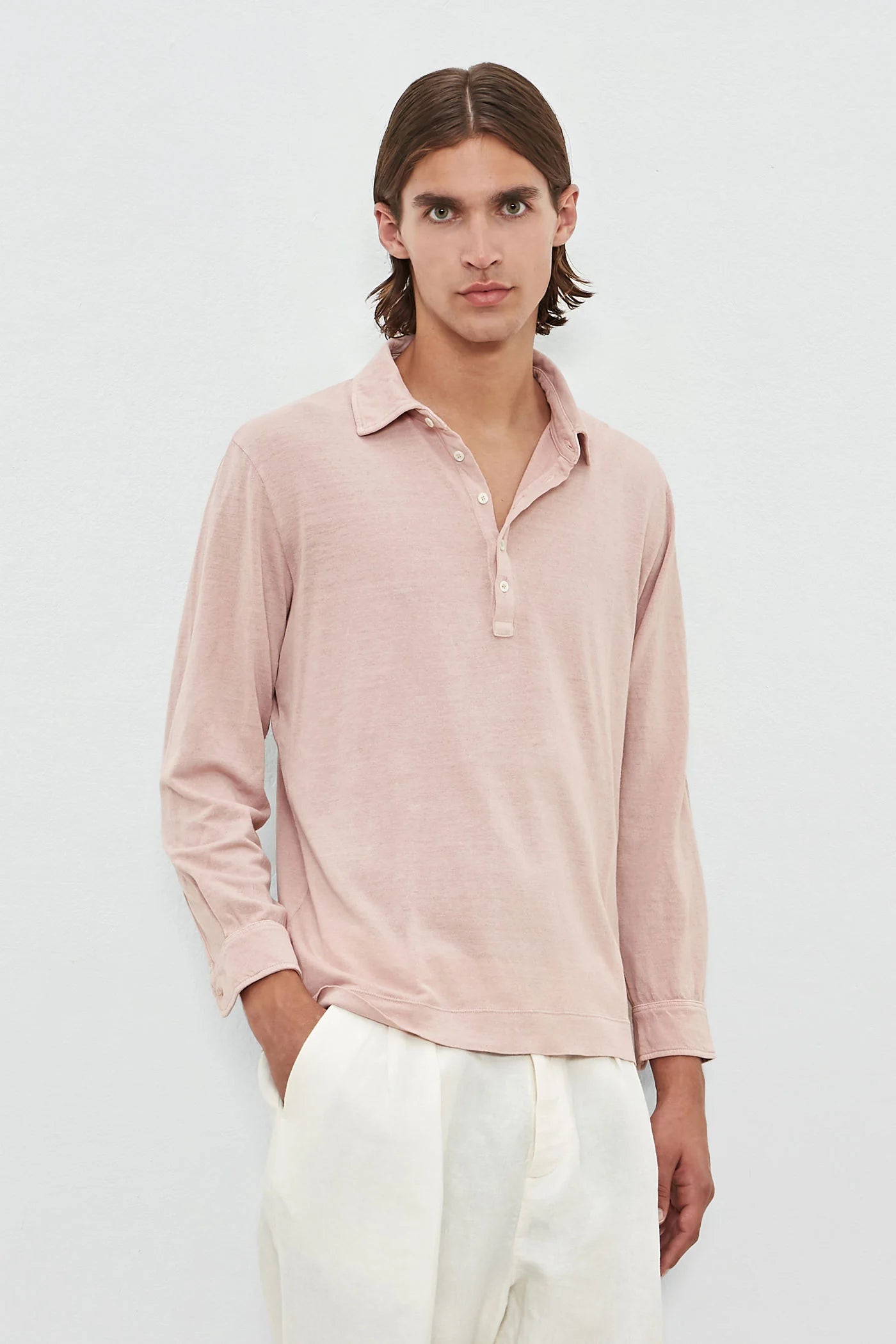 RAYA Linen-Cotton Jersey Long Sleeve Polo
