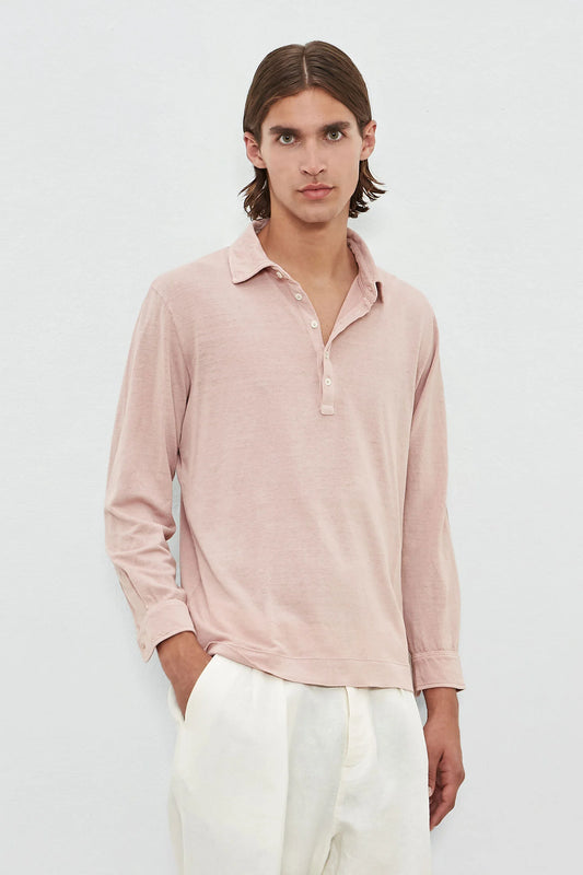 RAYA Linen-Cotton Jersey Long Sleeve Polo